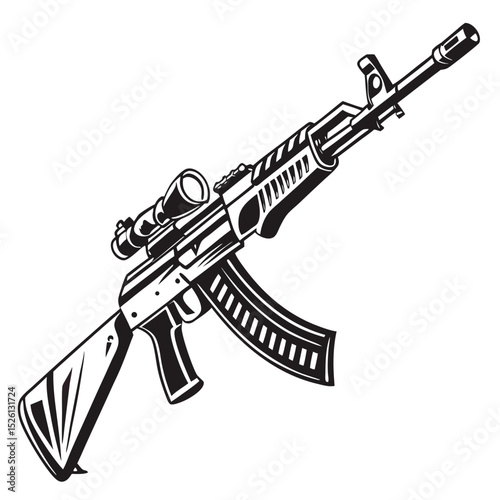 Weapon of Precision: A detailed monochrome illustration of a modern firearm, highlighting its intricate design and powerful aesthetic.