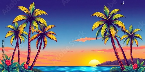 Hand-drawn colorful palm trees, vintage Hawaiian style Perfect for summer vacation designs,   happy,  clipart