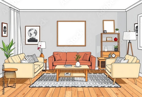 Hand-drawn vector illustration of Scandinavian & contemporary living room furniture sets, sketch, room