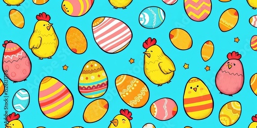 Hand-drawn doodle style seamless pattern of painted chicken eggs on blue background for Easter,  vibrant,  hand drawn