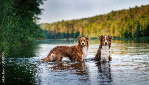 Two Energetic Canines Enjoying a River Adventure Nova Scotia Duck Tolling Retriever and Border Collie on a Picturesque Riverbank at Dusk, Capturing the Vibrancy of Natures Transition.