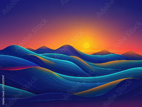 Colorful, rolling hills create a mesmerizing landscape beneath a vibrant sunset
