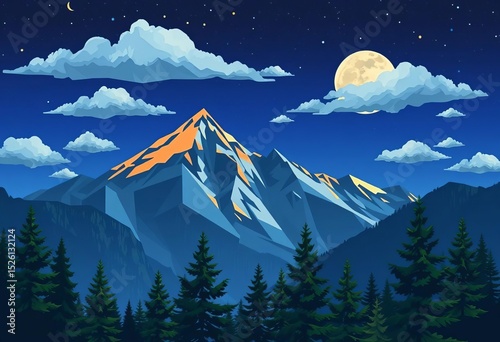 Stylized geometric night mountain scene with spruce trees and clouds,  high,  design