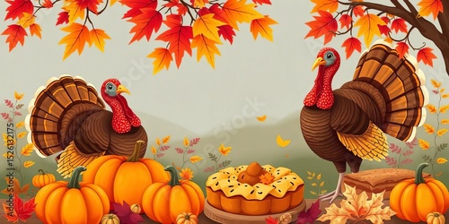 Vibrant autumn harvest illustrations featuring turkeys, pumpkins, and pie ,  pumpkin,  placard