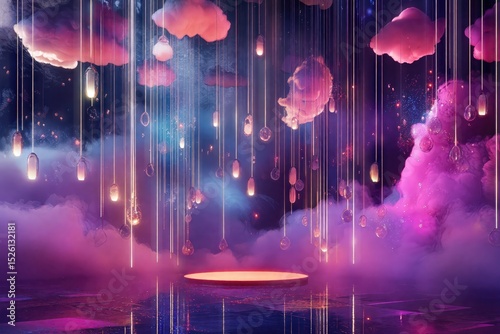 Glowing pink clouds illuminating circular stage, creating ethereal magical ambiance with suspended lighting elements