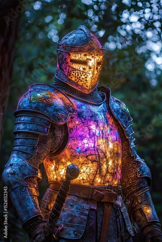 Knight wearing shining armor holding a sword in a forest setting, creating a magical and fantastical atmosphere