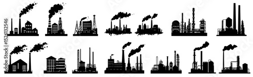 Collection of black silhouettes industrial factories