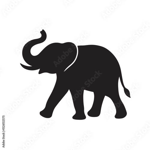 Silhouette of Elephant Walking with Raised Trunk on White Background
