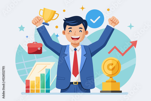 A flat vector illustration of five business people holding large golden stars, symbolizing teamwork, customer satisfaction, five-star ratings, and positive reviews. 