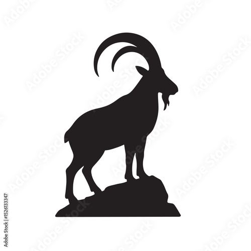Mountain Goat Silhouette Standing on Rock with Curved Horns – Clean Vector Illustration