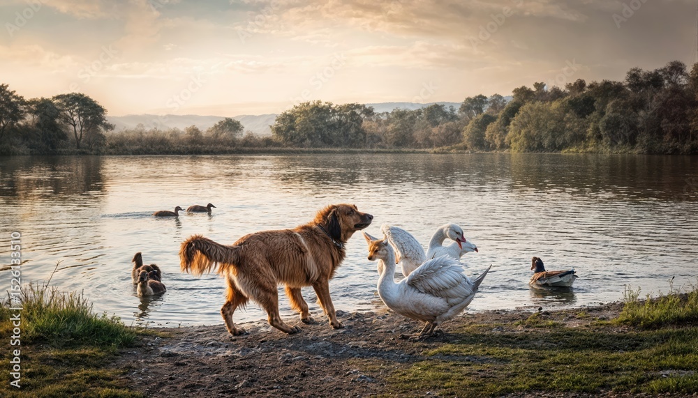 Playful Pup Frolicking with Geese Amidst a Blissful Sunset Backdrop, Painted in Brilliant Strokes Across the Gigapixel Canvas, Capturing the Serene Beauty of Natures Harmony. Playful Pup Frolicking with Geese Amidst a Blissful Sunset Backdrop, Painted in Brilliant Strokes Across the Gigapixel Canvas, Capturing the Serene Beauty of Natures Harmony.
