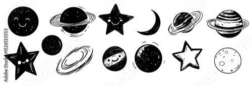 Space planets stars moon set