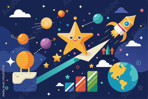 A flat vector illustration of five business people holding large golden stars, symbolizing teamwork, customer satisfaction, five-star ratings, and positive reviews. 
