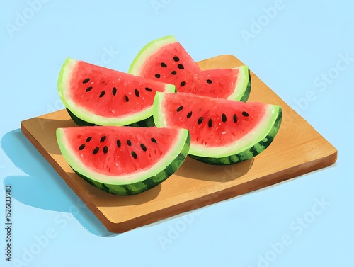 Photo of freshly sliced watermelon on a wooden board, ready to serve on a hot day
