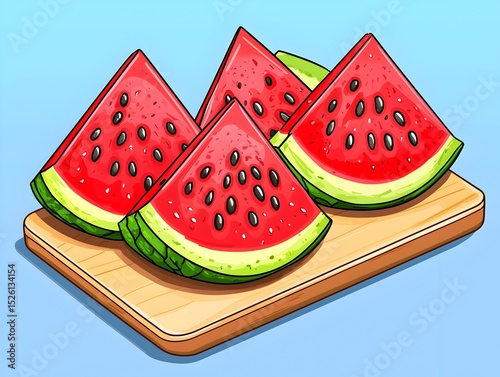 Photo of freshly sliced watermelon on a wooden board, ready to serve on a hot day