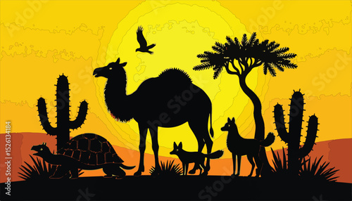 A majestic camel silhouette against a vibrant sunset sky, a lone tree adding to the serene desert landscape
