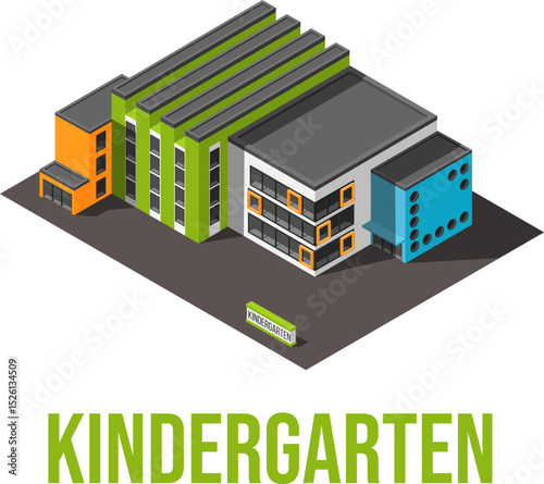 colorful kindergarten building icon design and line style