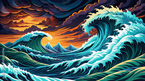 Vector illustration of a stormy ocean landscape with crashing waves and dark skies perfect for dramatic seascapes, nature themes, and intense atmospheric scenes