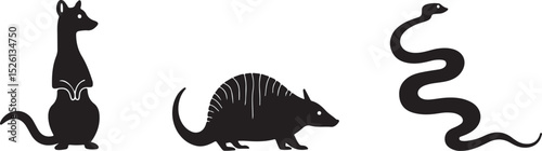 Cartoon animal vector illustration featuring a bull with horns, deer, and other wild mammals