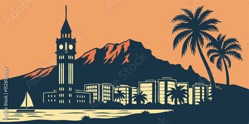 Honolulu Vector Skyline with Iconic Beachfront and Island Architecture