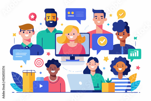 A flat vector illustration of five business people holding large golden stars, symbolizing teamwork, customer satisfaction, five-star ratings, and positive reviews. 