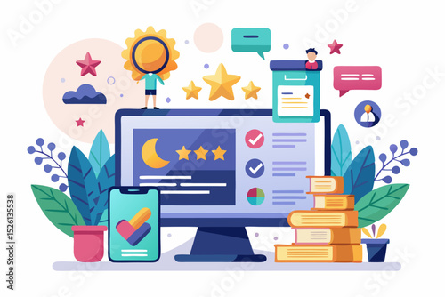 A flat vector illustration of five business people holding large golden stars, symbolizing teamwork, customer satisfaction, five-star ratings, and positive reviews. 