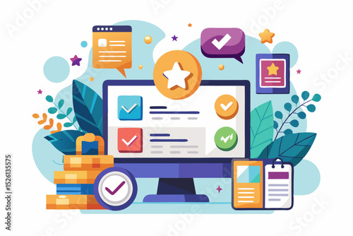 A flat vector illustration of five business people holding large golden stars, symbolizing teamwork, customer satisfaction, five-star ratings, and positive reviews. 