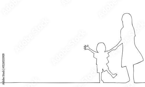 手をつなぐ親子（母と子）の線画イラスト