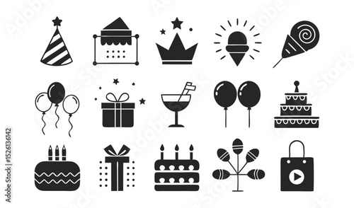 Birthday party icons set black and white design