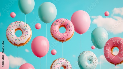 Pink and blue balloons and donuts float together in a bright, whimsical sky with fluffy clouds.