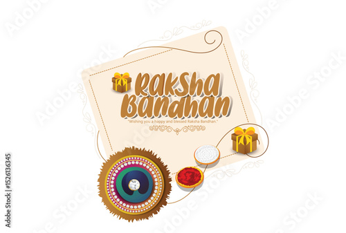 Celebrate Raksha Bandhan with this artistic festive design, showcasing a vibrant Rakhi adorned against a decorative blue background, symbolizing the beautiful bond between siblings.