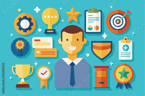A flat vector illustration of five business people holding large golden stars, symbolizing teamwork, customer satisfaction, five-star ratings, and positive reviews. 