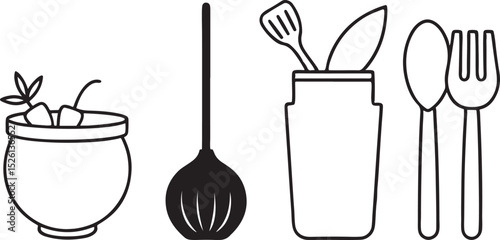 Isolated stainless steel kitchen utensils set with spoon, fork, ladle, and spatula