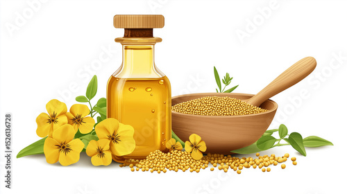 Composition of mustard oil with yellow flowers, seeds, wooden bowl and spoon