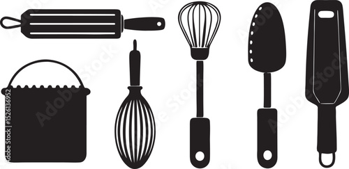 Set of metal kitchen utensils including spatula, spoon, fork, ladle, and scoop, isolated on a white background