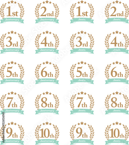 Laurels, ribbons and stars anniversary icon set, Mint green / 1st, 2nd, 3rd, 4th, 5th, 6th, 7th, 8th, 9th, 10th / 月桂樹とリボンと星の周年記念アイコンセット アニバーサリー ミントグリーン 緑