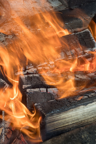 abstract fire from burning wood close up
