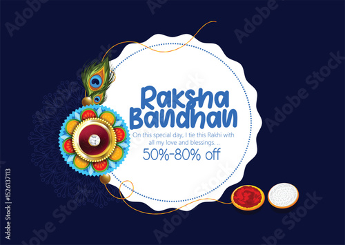 Celebrate Raksha Bandhan with this artistic festive design, showcasing a vibrant Rakhi adorned against a decorative blue background, symbolizing the beautiful bond between siblings.