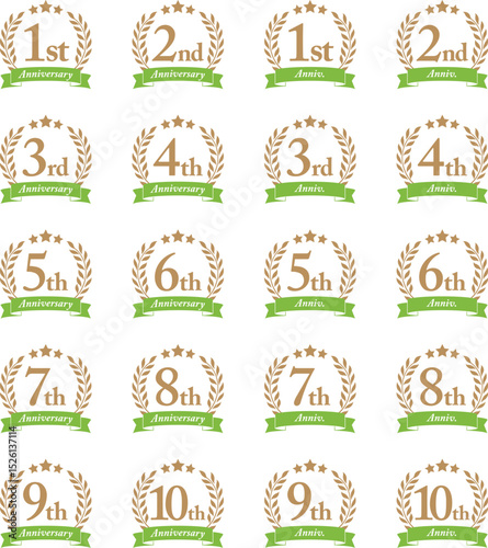 Laurels, ribbons and stars anniversary icon set, Yellow green / 1st, 2nd, 3rd, 4th, 5th, 6th, 7th, 8th, 9th, 10th / 月桂樹とリボンと星の周年記念アイコンセット アニバーサリー 黄緑