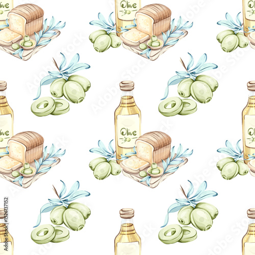 Olives and olive oil seamless pattern background wallpaper illustrating the essence of Italian cuisine and natures beauty featuring fresh olives healthy bread and vibrant colors that celebrate