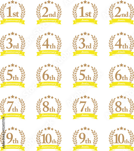Laurels, ribbons and stars anniversary icon set, Yellow / 1st, 2nd, 3rd, 4th, 5th, 6th, 7th, 8th, 9th, 10th / 月桂樹とリボンと星の周年記念アイコンセット アニバーサリー 黄色