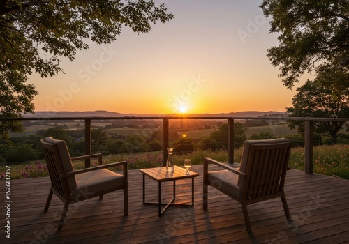 Chairs and table on deck overlooking landscape at sunset