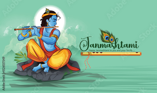 Illustration of Lord Krishna with Flute Celebrating Janmashtami Festival