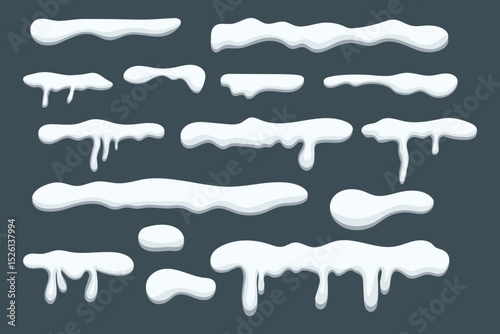 Set of vector winter snow caps in various shapes with melting icicles. Elements isolated on dark background. Illustration in cartoon style.