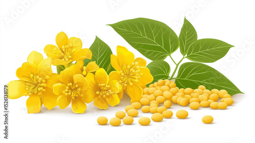 Illustration of yellow flowers with green leaves and small yellow pills on white background