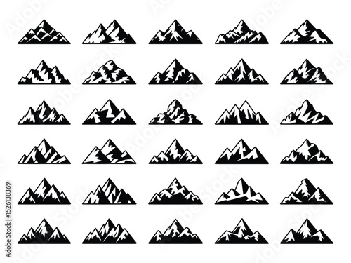Mountain Silhouette Icons Set, Various Peak Shapes, Range, Design Elements, White Background