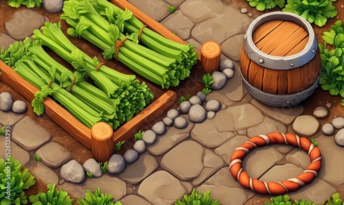 Farm celery harvest, stone path, barrel, game asset