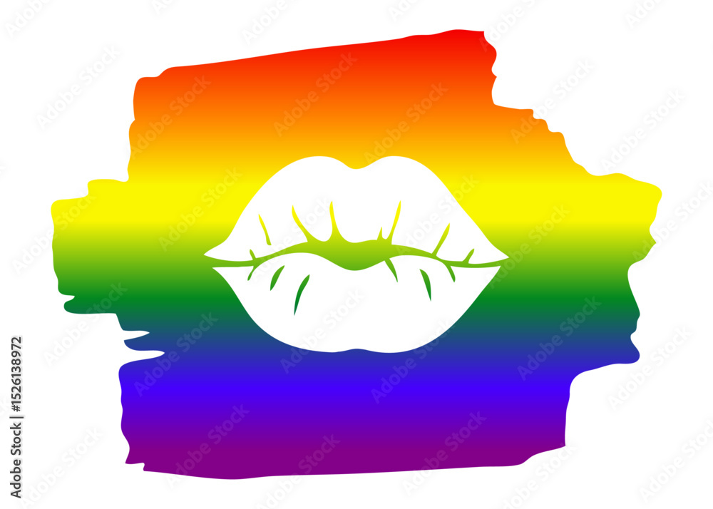 Logo lgbt. Mes del orgullo. Silueta de labios de mujer en trazo de pincel con degradado con los colores de la bandera arco iris