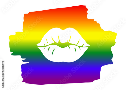 Logo lgbt. Mes del orgullo. Silueta de labios de mujer en trazo de pincel con degradado con los colores de la bandera arco iris