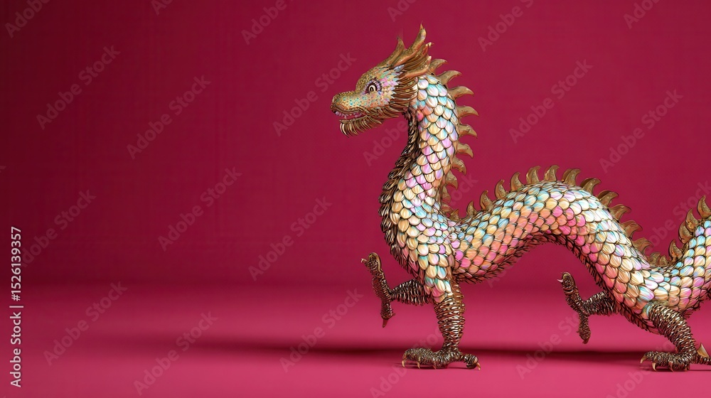 Fototapeta premium Ornate, iridescent dragon figurine on a crimson background.